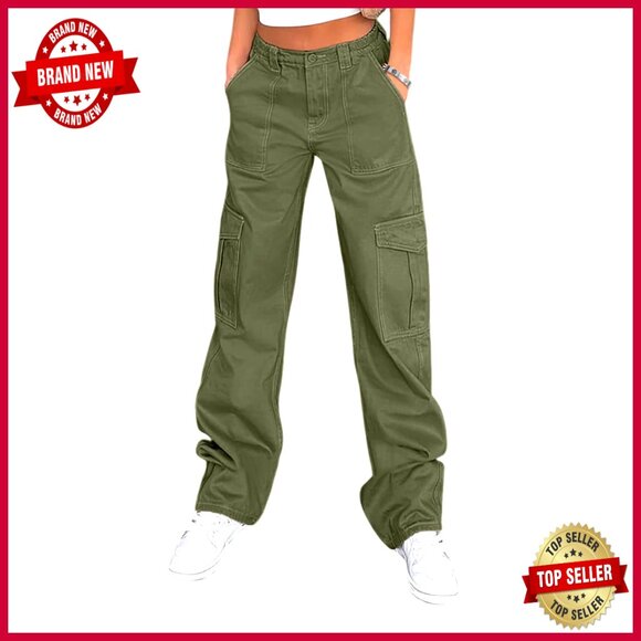 Pants - High Waisted Cargo Pants with 6 Pockets, Stretchy Wide Leg Casual Streetwear